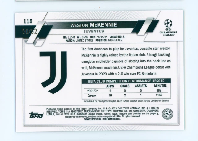 2022-23 WESTON MCKENNIE Topps Chrome Toppsfractor Juventus FC Card 50/
