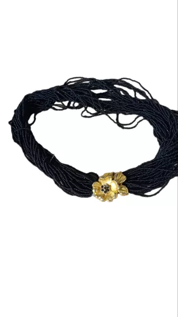 Vintage Black Seed Bead Choker Gold Floral Clasp 15"