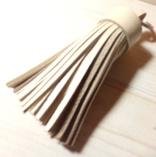 Bijou De Sac / Porte-Cle Breloque Pompon Franges - Blanc / Creme - Cuir