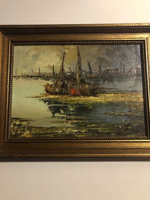 Antique Italian Oil On Canvas Painting Old Ship 10 X 13 “ . Signed By Artist.