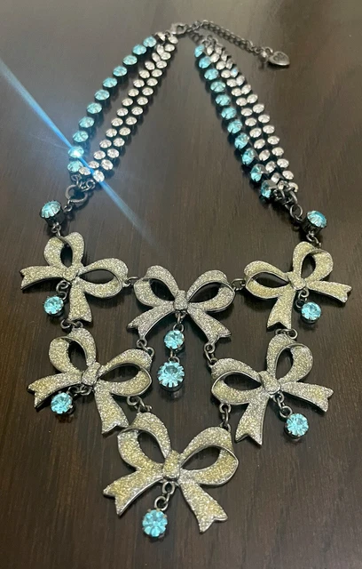 Betsey Johnson Winter Silver Bows And Blue Bling Statement Necklace