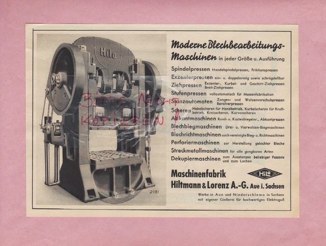 AUE, Werbung 1936, Blechbearbeitungs-Maschinen-Fabrik Hiltmann & Lorenz AG