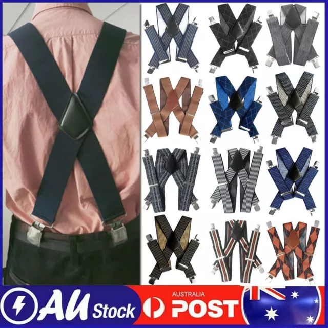 Men's 50mm Wide Suspenders Heavy Duty Elastic Leather Clip On Braces Trousers