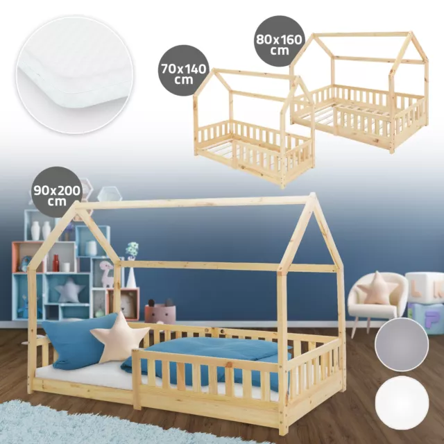 Cama infantil en madera de pino natural/blanco/gris con protección anticaída