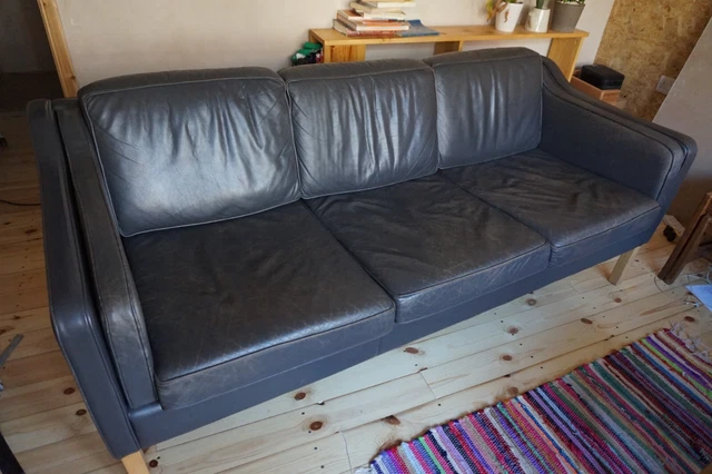 Mid-Century Vintage Danish Charcoal Grey Leather 3 Seater Sofa Mogensen Style