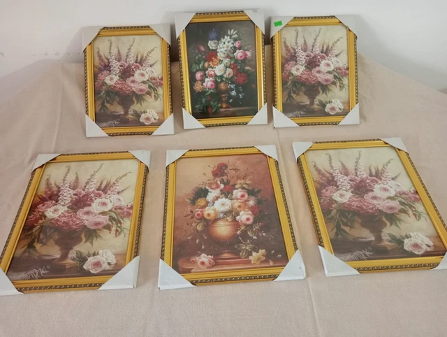 QUADRI CON FIORI N°6 CORNICE IN LEGNO DORATO E VETRO(s38)