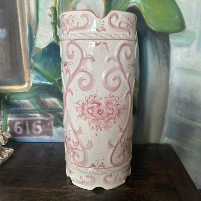 Vintage Ceramic Floral Stick Umbrella Stand Pink White