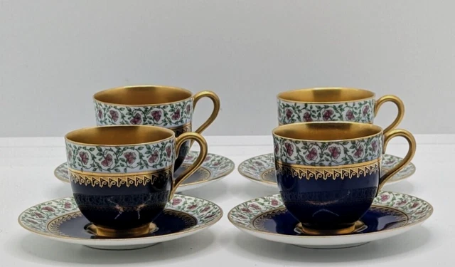 4 x antike königliche Worcester Girlande Blumen blau & gold Demitasse Tassen & Untertassen