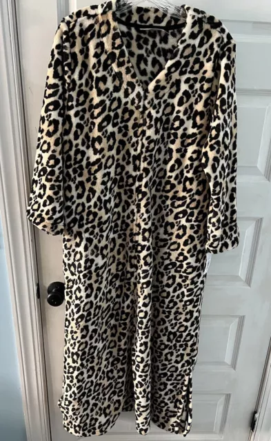 N Natori Medium Plush Zip Caftan Nightgown V Neck 52” Long Animal Print NWT