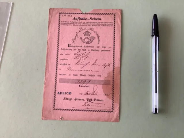 Kingdom of Hanover 1861 Aurich postal deposit certificate Ref A1562