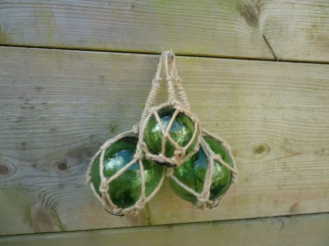 3 X Jade Green Glass Fishing Boat Net Floats -Buoys Blown Balls Bathroom 80 55