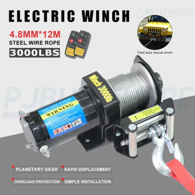 12V Electric Winch 3000LBS (1361kg) Wireless Remote Steel Rope for ATV Boat Car
