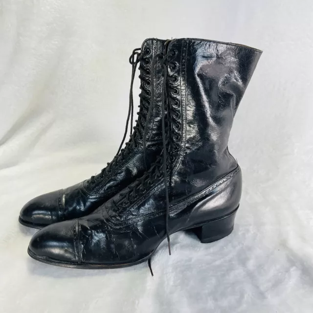 Antique Victorian Edwardian Boots Womens Black Leather Lace Up Shoes