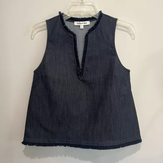 Elizabeth and James Shirt Dark Blue Denim Sleeveless Fringe V Neck Top Blouse S