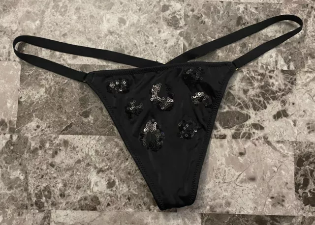 Victoria's Secret O/S Satin Smooth Black Sequin Leopard Rare V String Panties