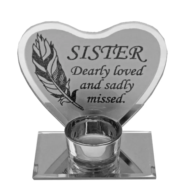 Feather Design Memorial Glass Heart Tea Light Plaque - Sister