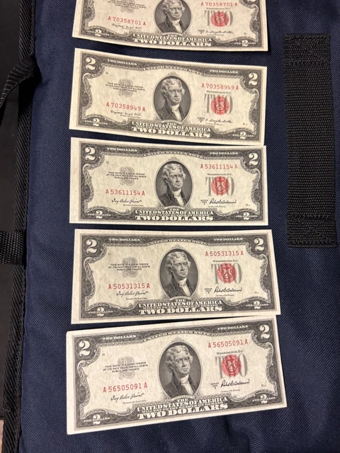 lot of 5 1953 $2 two dollar uncirculated federal reserve notes