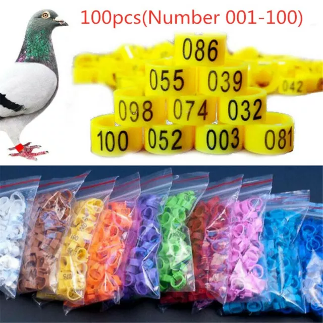 100PCS Bird Rings 8mm Leg Bands For Pigeon Parrot Clip Foot Rings Number 001-100