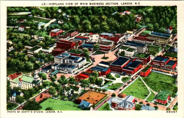 Linen Postcard Aerial Lenoir North Carolina NC Business Section UNP