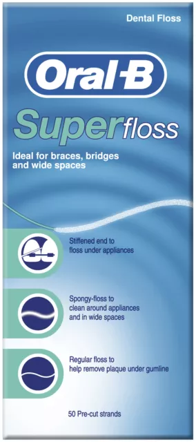 Oral-B Super Floss Pre-cut Strands for Cleaning Braces & Bridges, Stiffened End