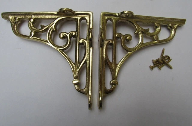 5" PAIR OF BRASS ON IRON Victorian scroll ornate shelf support wall brackets