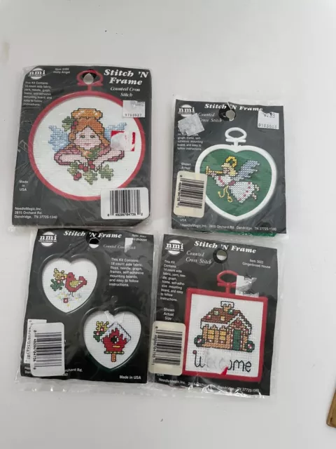 NIP  LOT of 4 NMI Stitch &  Frame Small ornaments Christmas Counted Cross Stitch