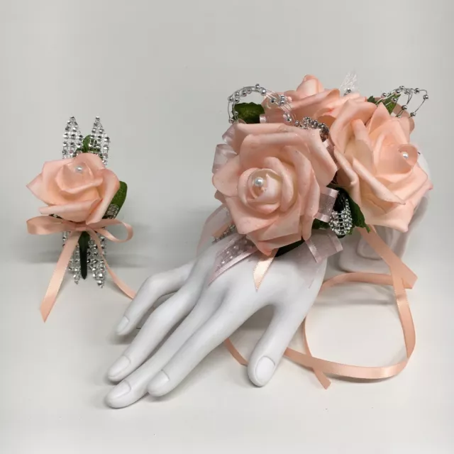 Glamour Triple Peach Foam Roses  Prom Corsage & Boutonniere Combo