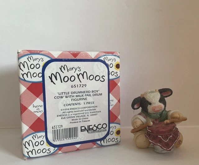 Mary's Moo Moos 1994 Little Drumherd Boy Cow W/Milk Pail Drum Figurine 651729