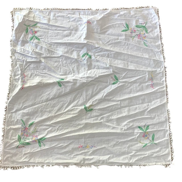 Vintage Hand Embroidered Tablecloth 36 x 36 Square White Floral Crochet Lace