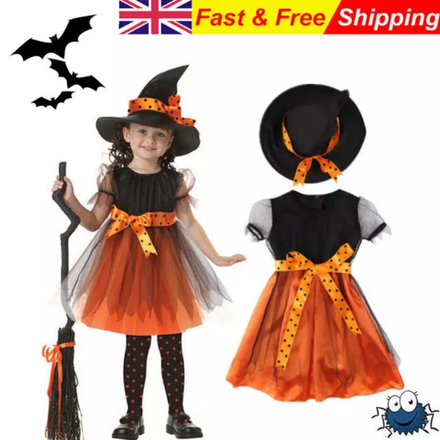 Witches Girls Halloween Hat Fancy Dress Costume Witch Outfit Kids Cosplay Party