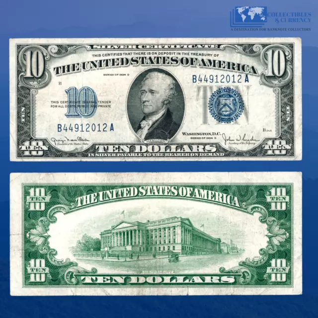 1934D $10 Ten Dollars Silver Certificate Blue Seal, VF Condition #12012