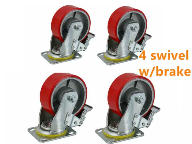 4 Pack Heavy Duty Caster Set 5" Polyurethane on Cast Iron Wheels No noise