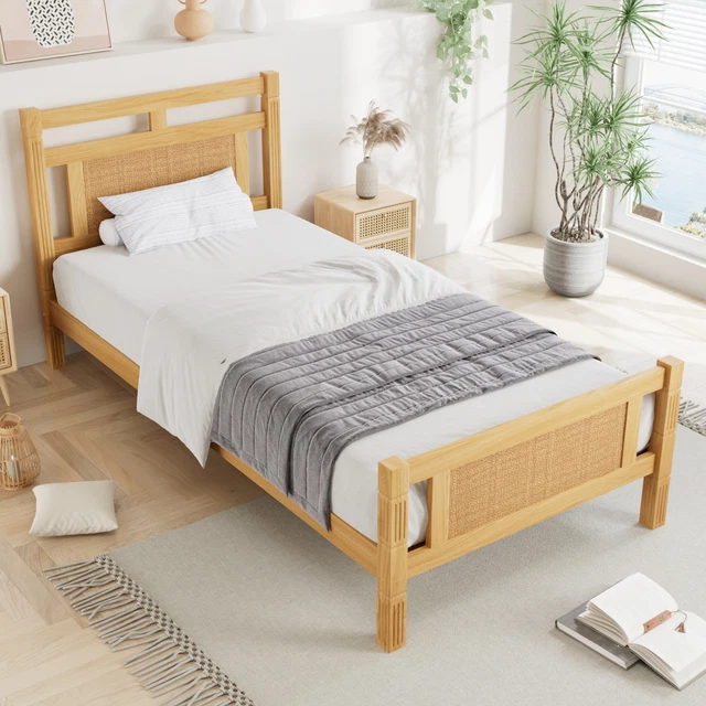 SINGLE BED FRAME with Rattan Headboard&Footboard 3ft Wood Platform Bed ...