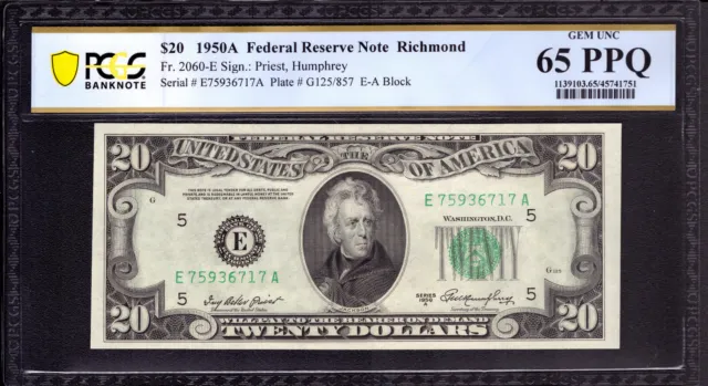1950 A $20 Federal Reserve Note Richmond Fr.2060-E Ea Block Pcgs B Gem 65 Ppq
