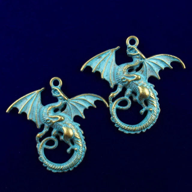 2Pcs 43x45x5mm Carved Brass Bronze Western Dragon Pendant Bead JH001