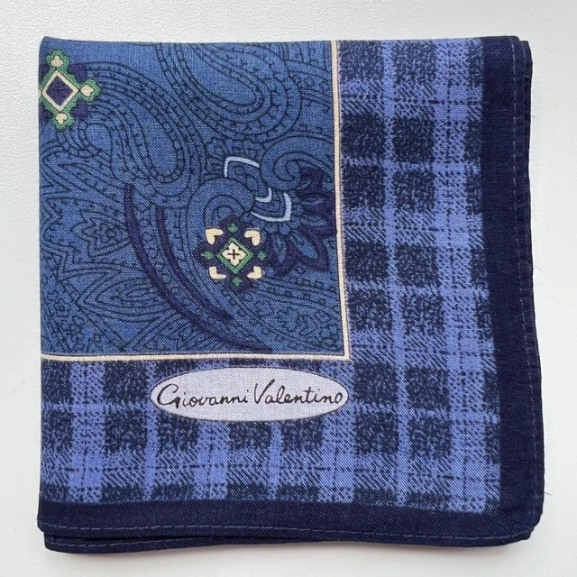 Handkerchief Men's Vintage Art Blue Paisley Plaid Pocket Square Cotton 18"