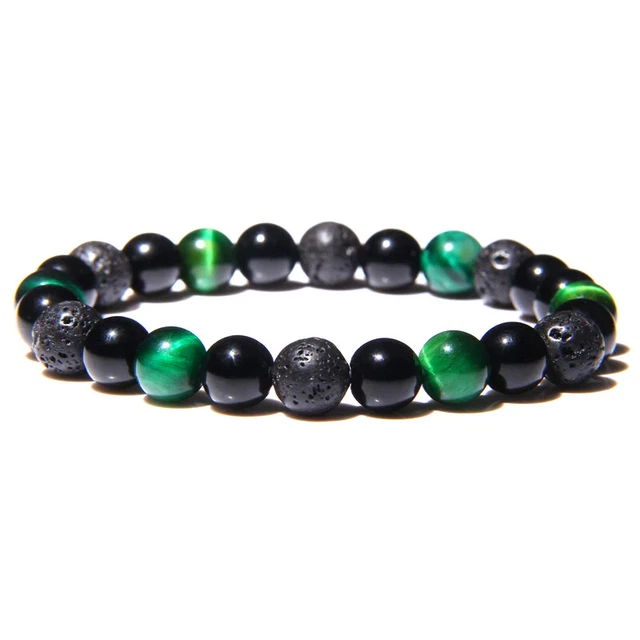 Bracelet Perles Fait Main Pierre De Lave, œil De Chat Et Onyx - Taille Sur Mesure - Homme/Femme/Enfant