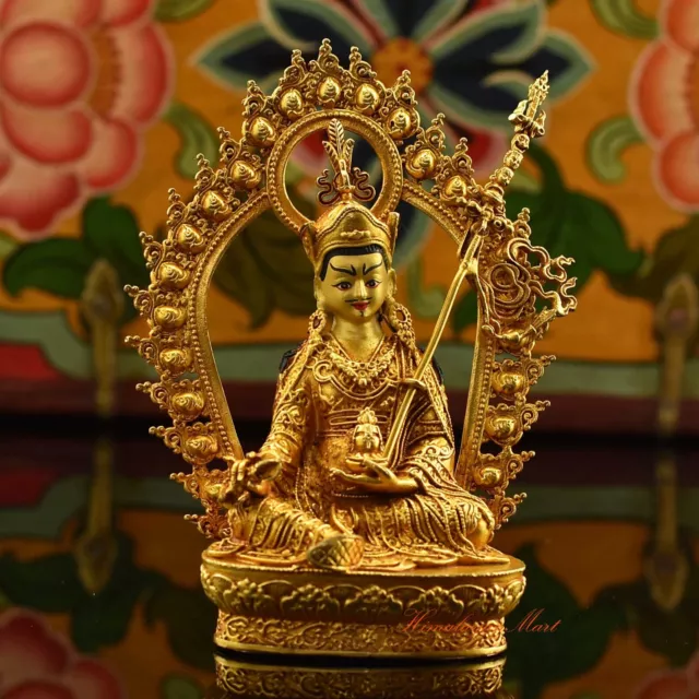 Gold Plated Framed Guru Rinpoche / Padmasambhava Ritual Copper Statue from Nepal