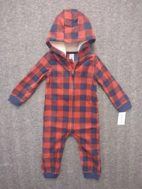 Carter’s Baby Boy Hooded Jumpsuit 24 Months Red Blue Buffalo Plaid Fleece NWT
