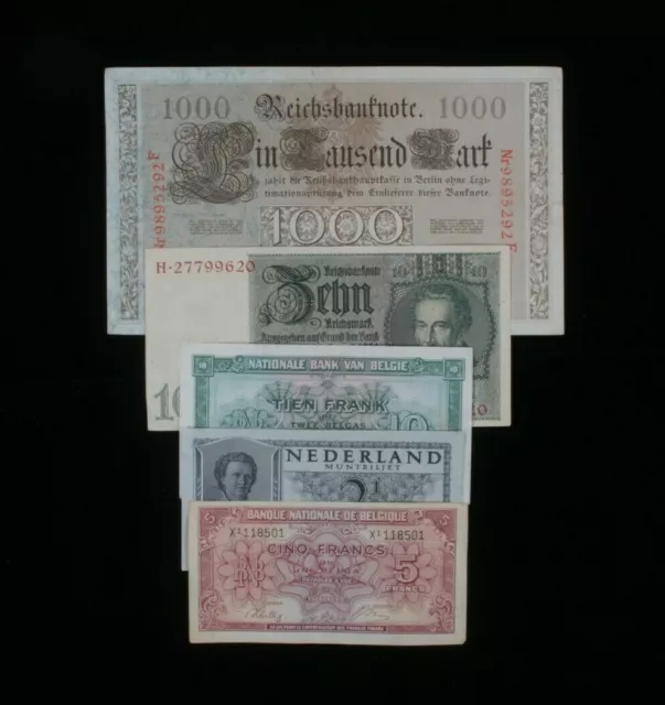 Européenne Misc 5-Notes Lot Belgique Francs, Allemagne Mark & Néerlandais Gulden