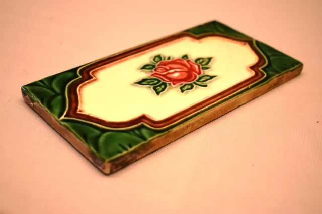 Antique Border Tile Art Nouveau Majolica Japan Rose Ceramic Porcelain Green "05 3