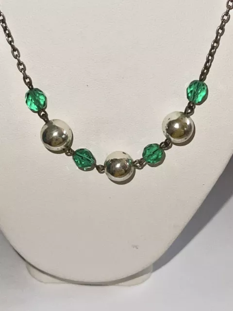 Art Deco Chromed Metal & Emerald Green Glass Bead Silvertone Pendant Necklace 2