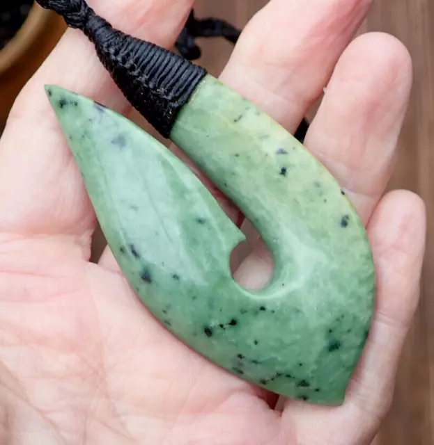Te Kaha Nz Pounamu Greenstone Rare Kokopu Jade Large Bound Maori Hei Matau Hook
