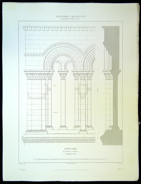 Antique Architecture Engraving N. Lady of Chalon on Marl 1st Floor Tower