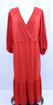 NEW Max Studio Dress Long Boho Peasant Solid Rayon Blend Faux Wrap 3/4 Sleeve XL