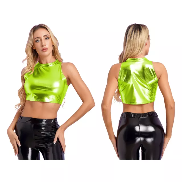 WOMENS SHINY METALLIC Long Sleeve Crop Tops Fashion Mock Neck T-shirt  Clubwear $13.69 - PicClick