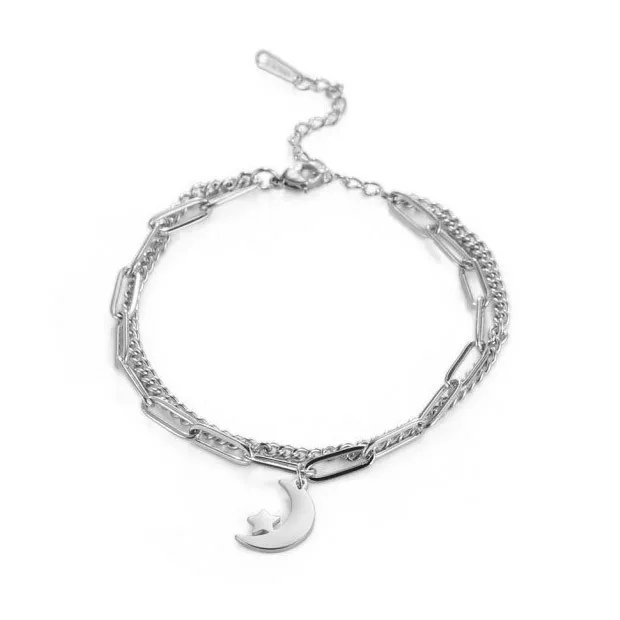 Silver Stainless Steel Moon Star Double Chain Bracelet Women Girls Cute Kids