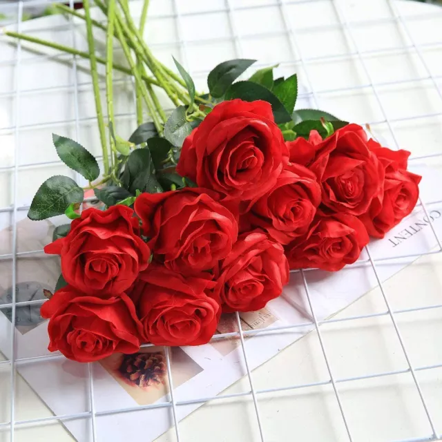 10X Artificial Single Rose Bud With Stem Silk Flowers Fake Bouquet Wedding Party