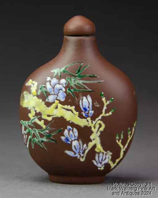 Chinese Yixing Pottery Snuff Bottle, Multi-Color Enamel Flowers, 19th Century