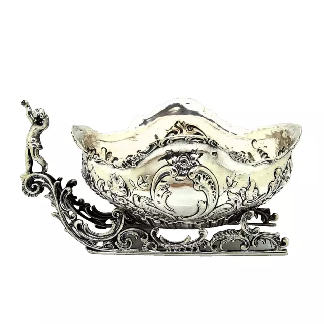 Antique German 800 Silver Cherub Figure On A Sleigh Bon Bon Candy Dish Tray